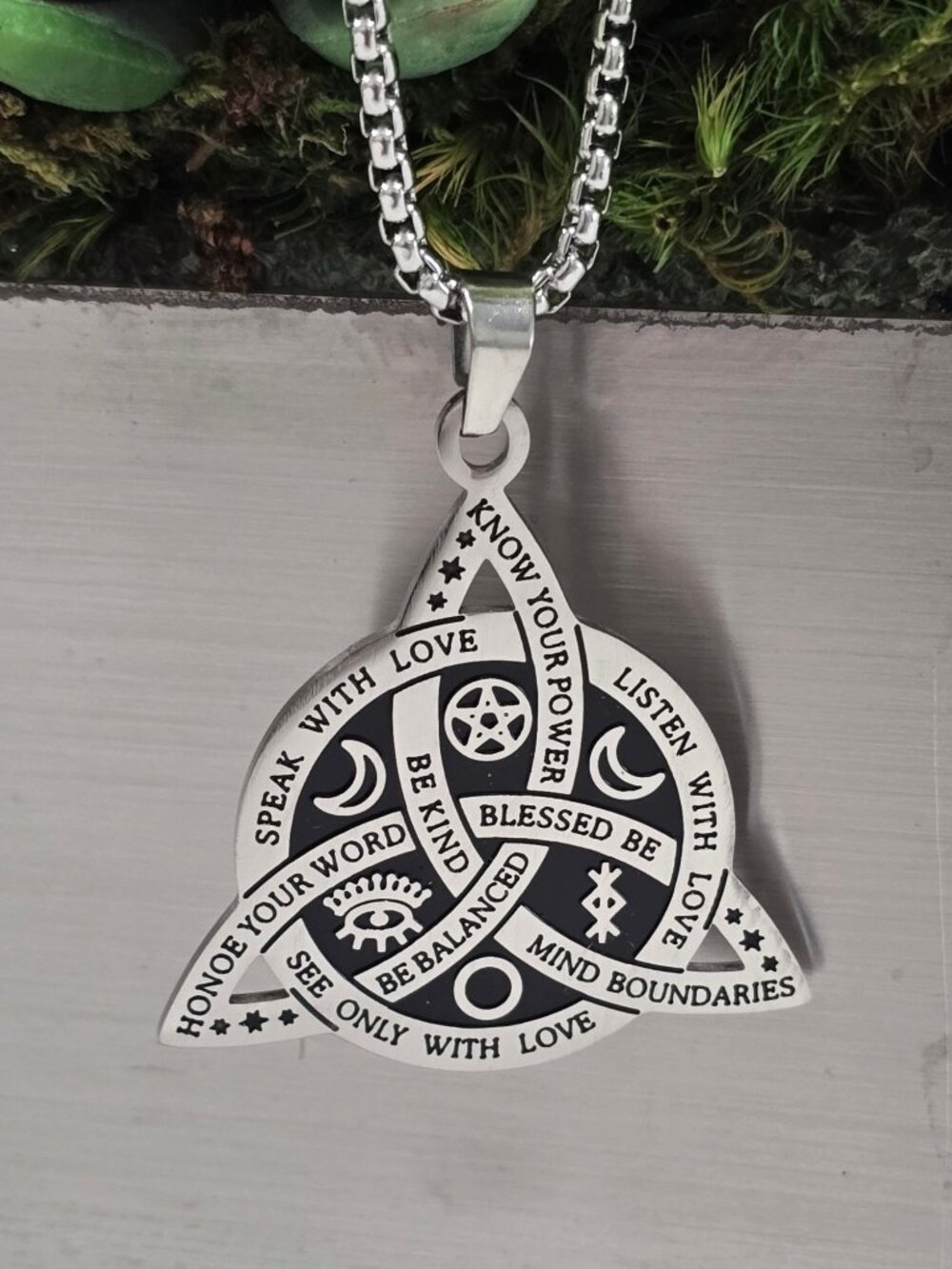 Triquetra Affirmation Pendant ✦ Stainless Steel ✦ Engraved Celtic Knot Necklace